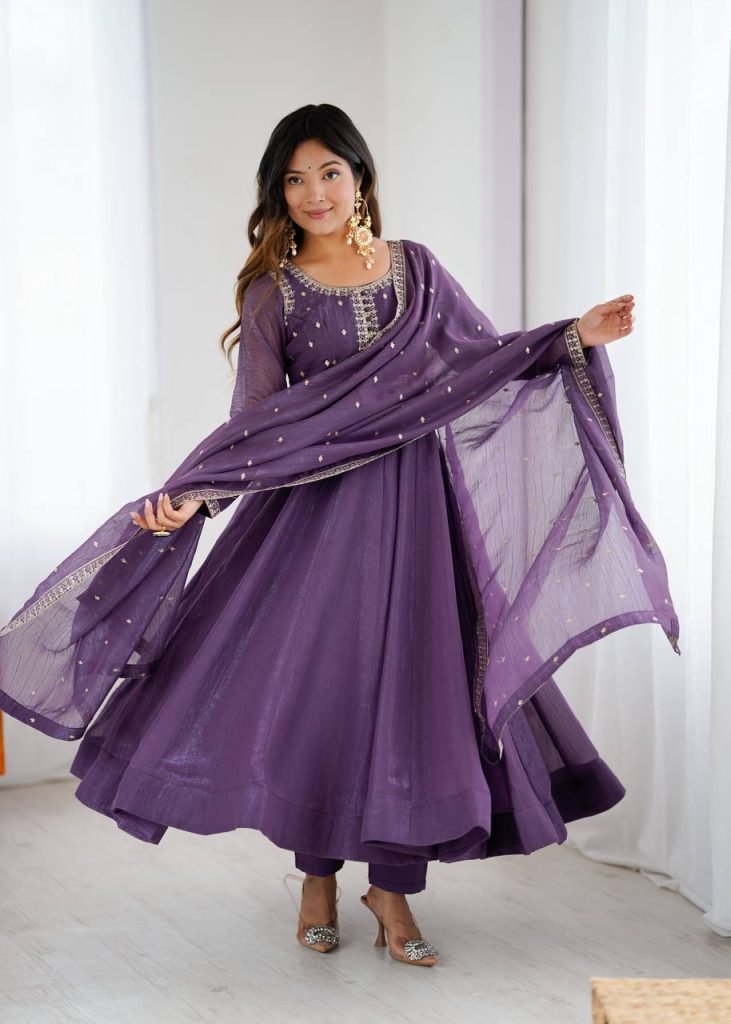 Purple pure crunchy silk embroidery sequence dori and jari work top & bottom & dupatta