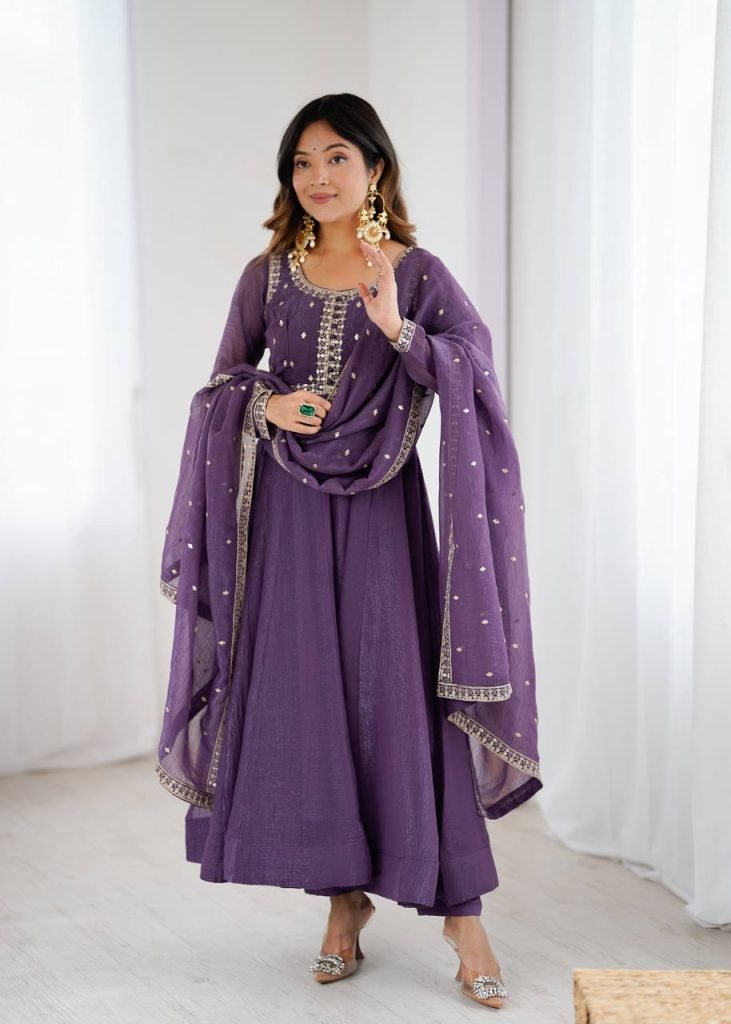 Purple pure crunchy silk embroidery sequence dori and jari work top & bottom & dupatta