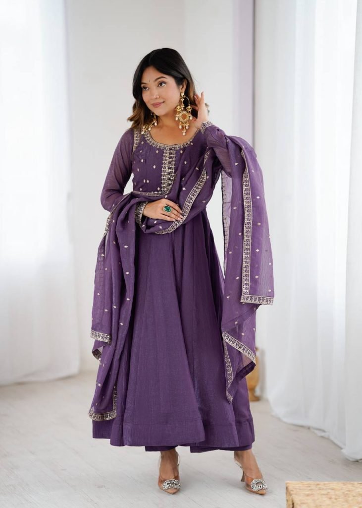 Purple pure crunchy silk embroidery sequence dori and jari work top & bottom & dupatta