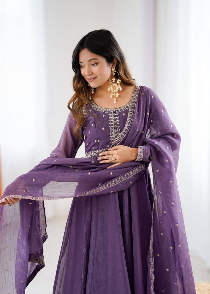 Purple pure crunchy silk embroidery sequence dori and jari work top & bottom & dupatta