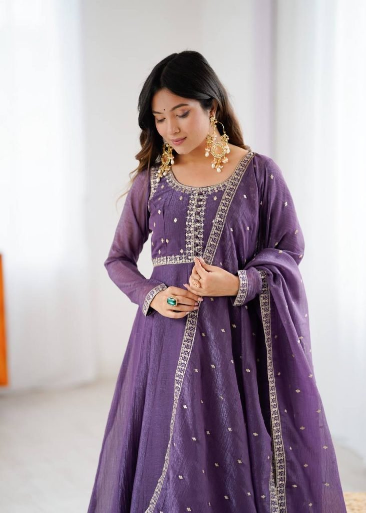 Purple pure crunchy silk embroidery sequence dori and jari work top & bottom & dupatta
