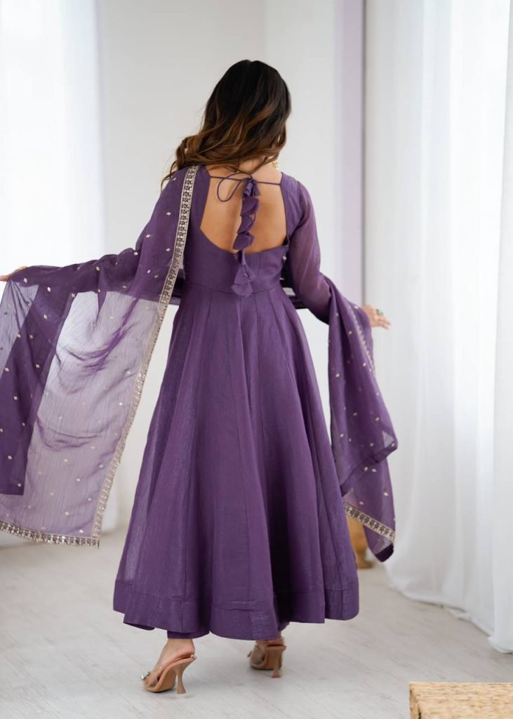 Purple pure crunchy silk embroidery sequence dori and jari work top & bottom & dupatta
