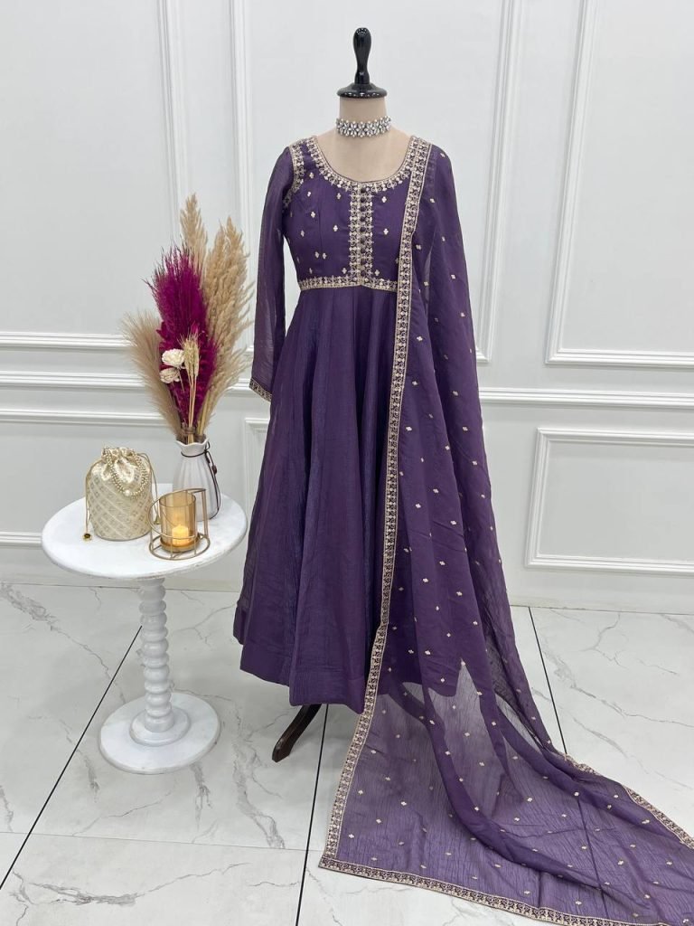 Purple pure crunchy silk embroidery sequence dori and jari work top & bottom & dupatta