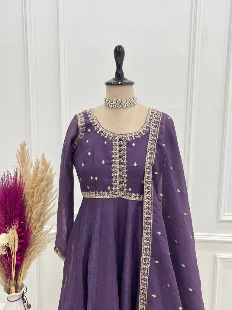 Purple pure crunchy silk embroidery sequence dori and jari work top & bottom & dupatta