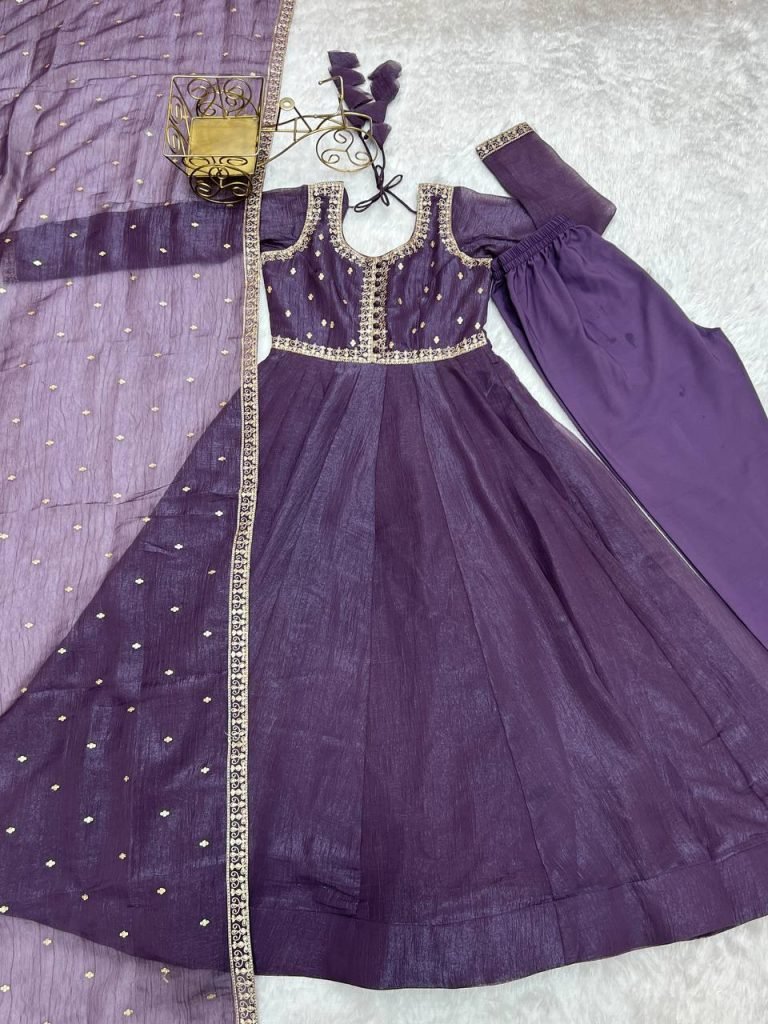 Purple pure crunchy silk embroidery sequence dori and jari work top & bottom & dupatta