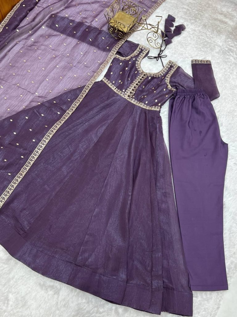 Purple pure crunchy silk embroidery sequence dori and jari work top & bottom & dupatta