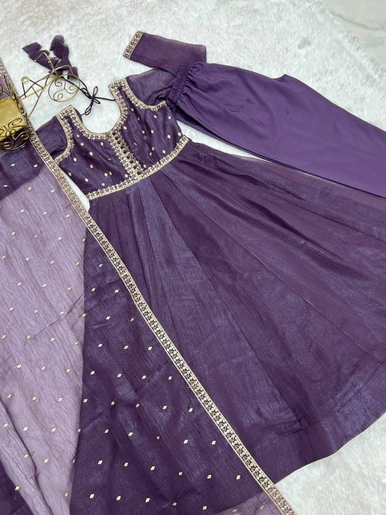 Purple pure crunchy silk embroidery sequence dori and jari work top & bottom & dupatta