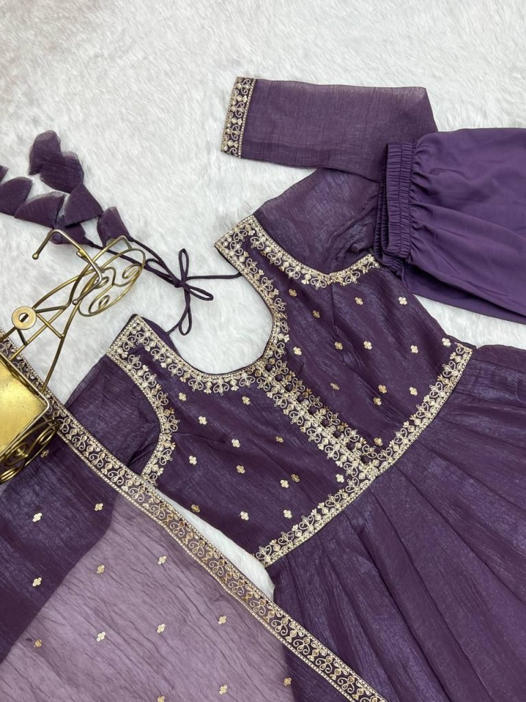Purple pure crunchy silk embroidery sequence dori and jari work top & bottom & dupatta
