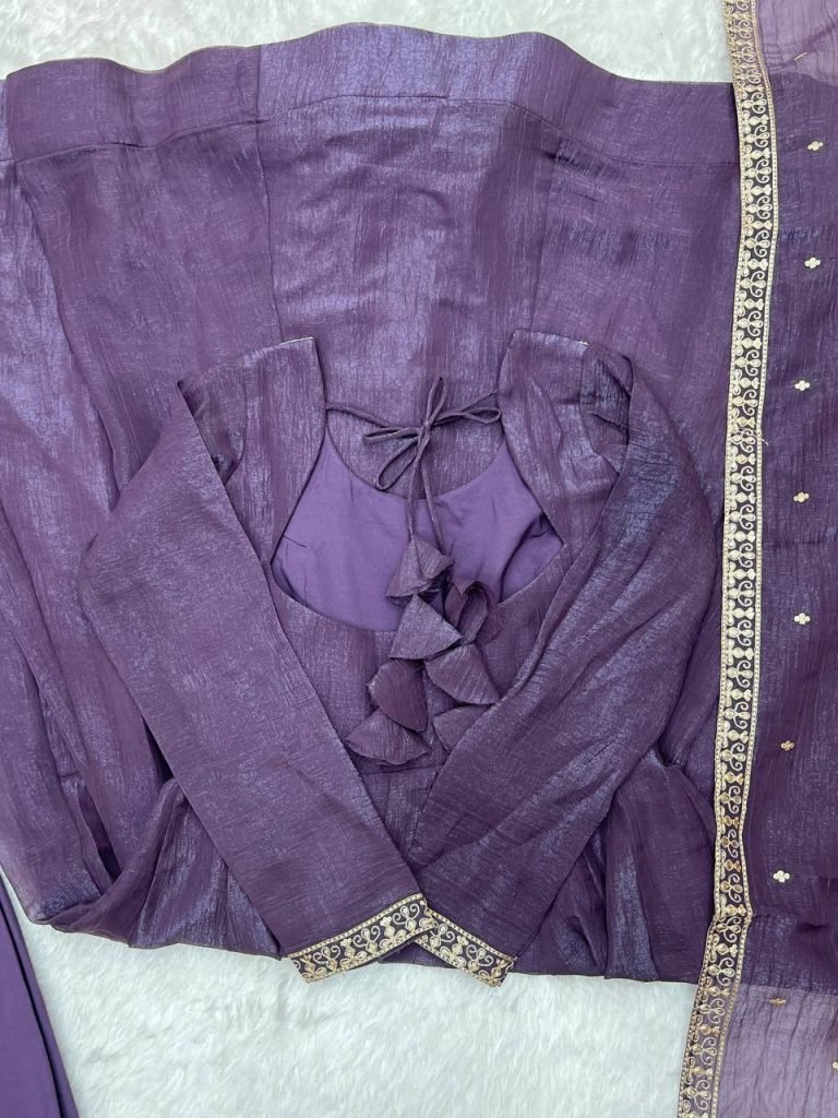 Purple pure crunchy silk embroidery sequence dori and jari work top & bottom & dupatta