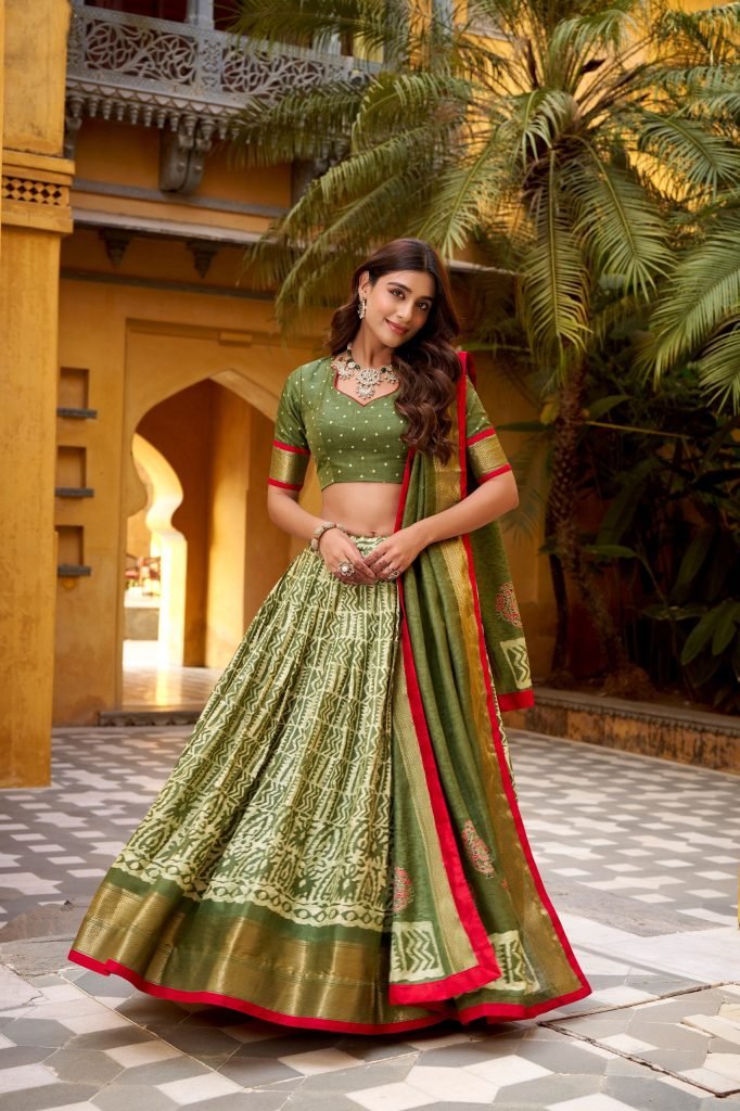 Multicolour dola silk batik print with zari weaving work lehenga, blouse and dupatta
