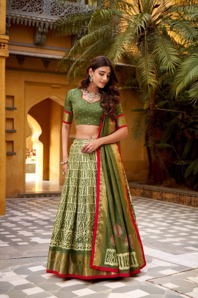 Multicolour dola silk batik print with zari weaving work lehenga, blouse and dupatta