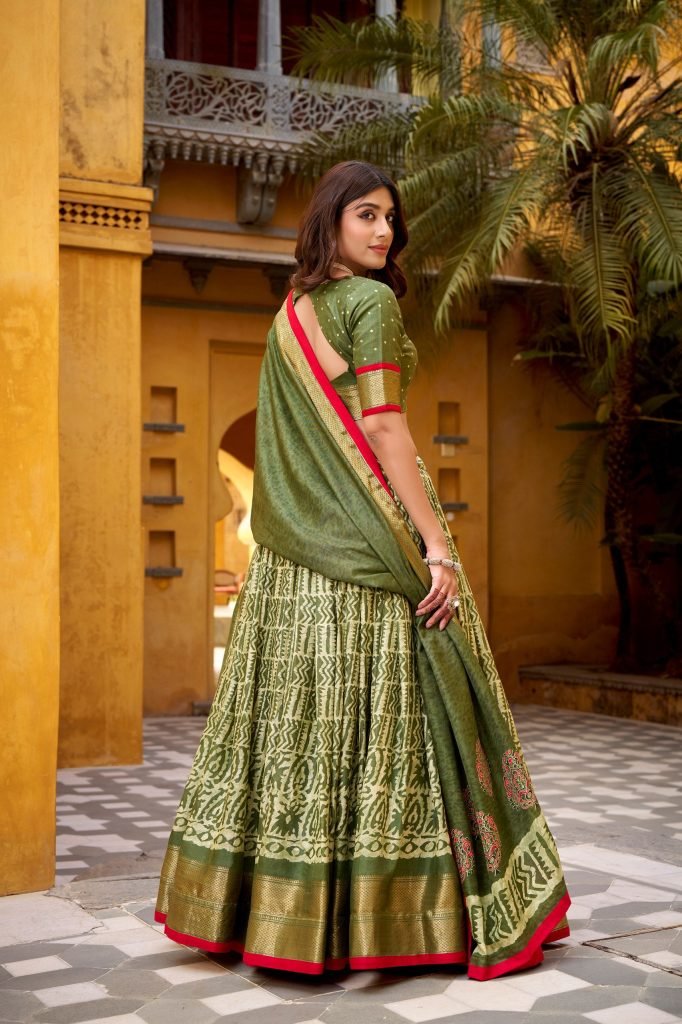 Multicolour dola silk batik print with zari weaving work lehenga, blouse and dupatta