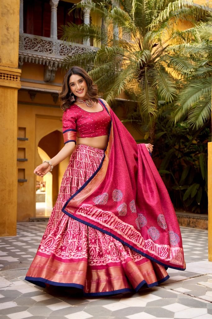 Multicolour dola silk batik print with zari weaving work lehenga, blouse and dupatta