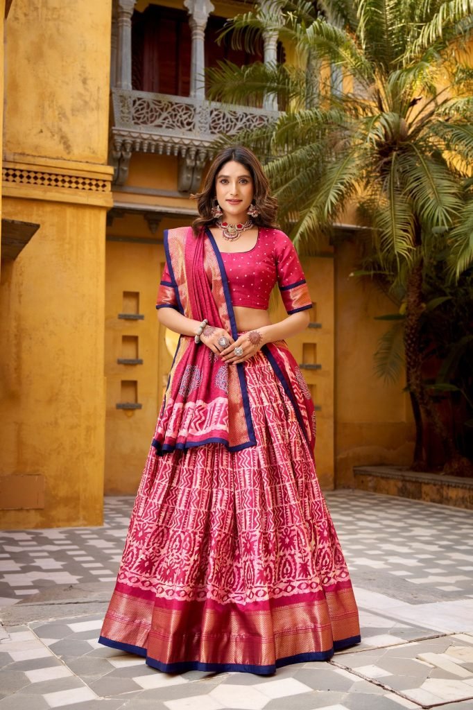 Multicolour dola silk batik print with zari weaving work lehenga, blouse and dupatta