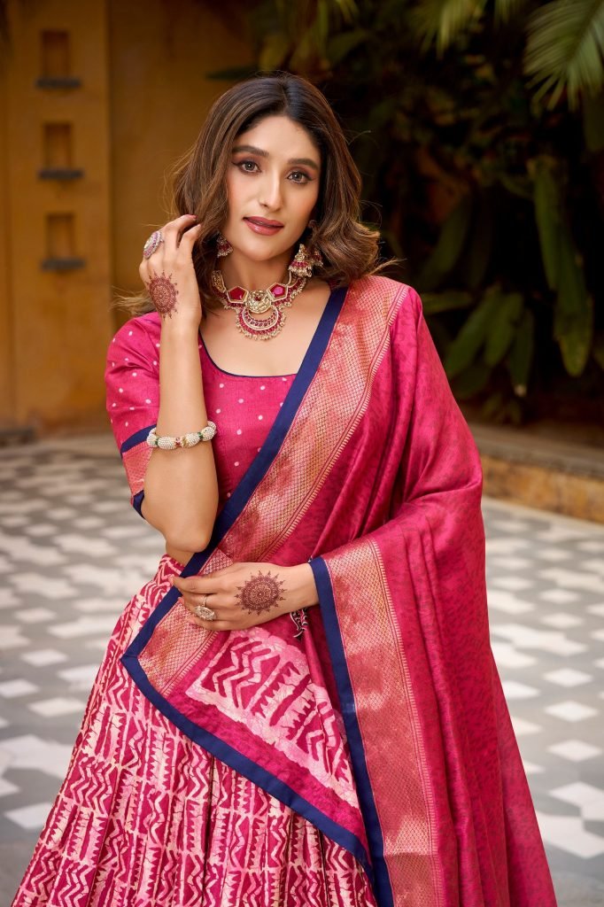 Multicolour dola silk batik print with zari weaving work lehenga, blouse and dupatta