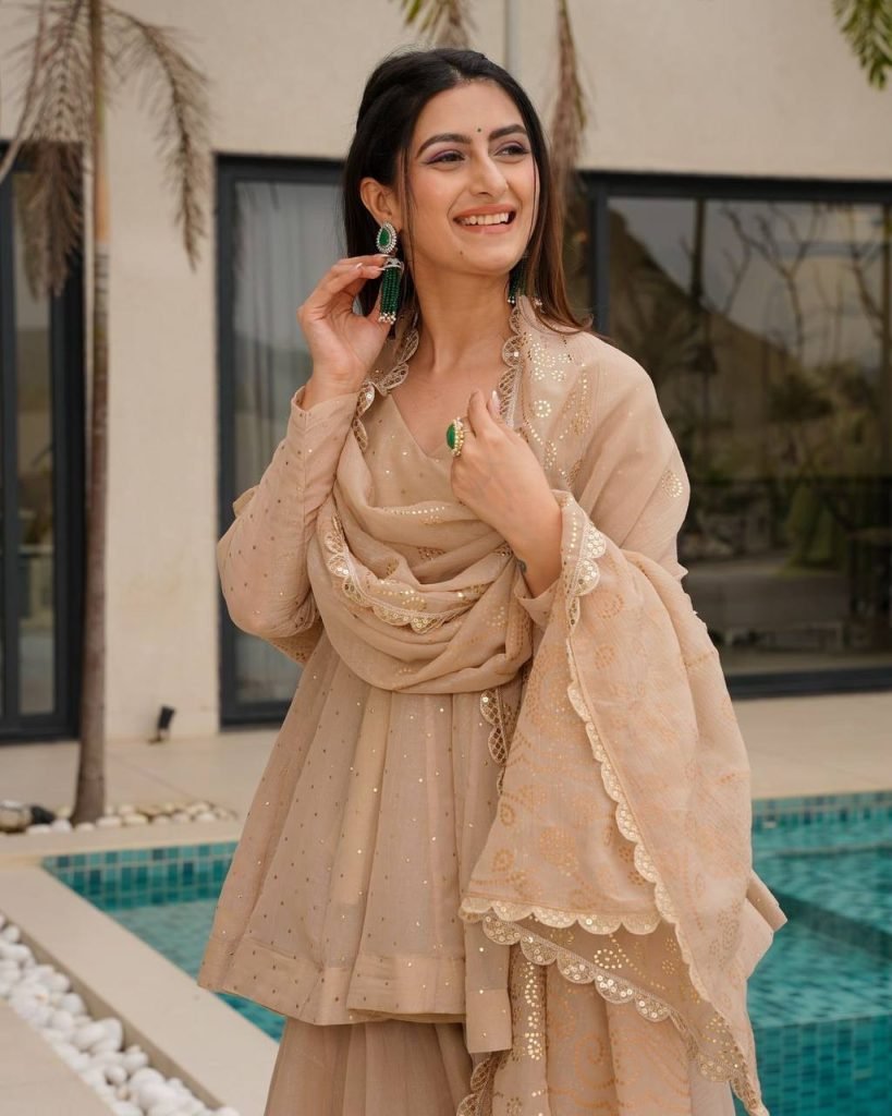Beige tabby organza mukaish work top palazzo and dupatta