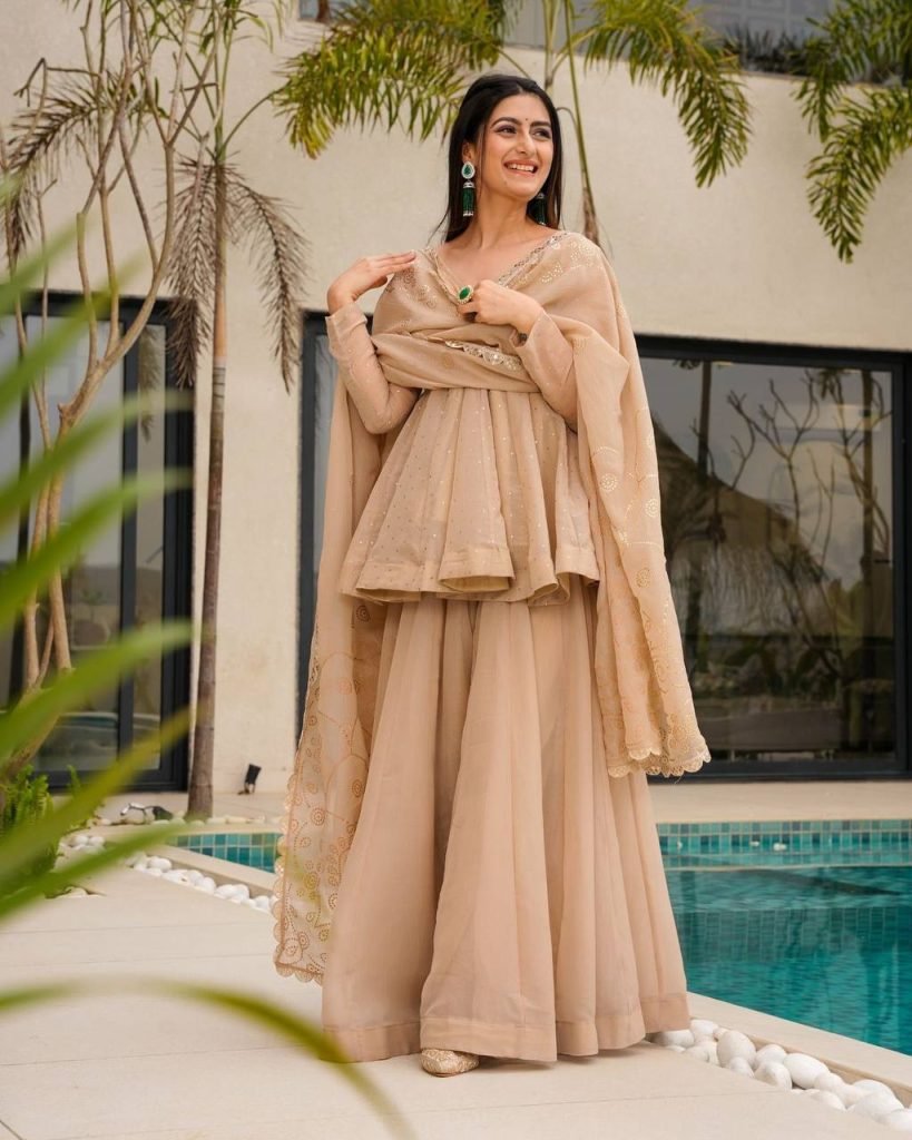 Beige tabby organza mukaish work top palazzo and dupatta