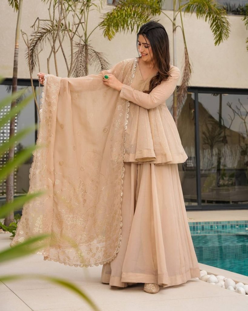 Beige tabby organza mukaish work top palazzo and dupatta