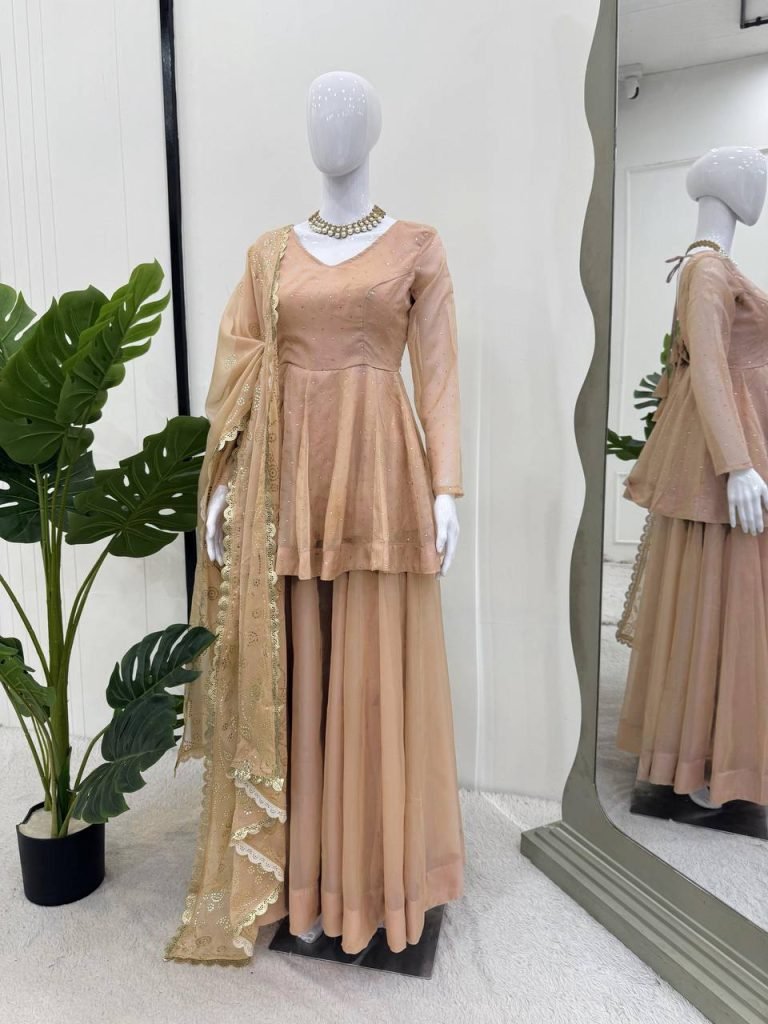 Beige tabby organza mukaish work top palazzo and dupatta