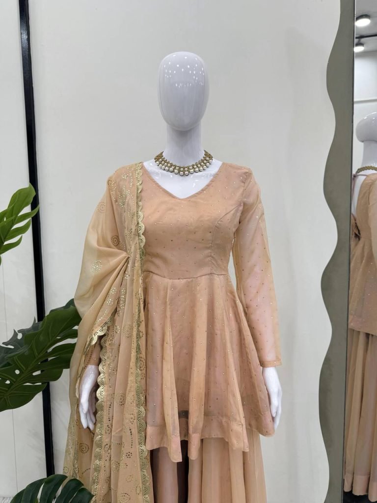 Beige tabby organza mukaish work top palazzo and dupatta