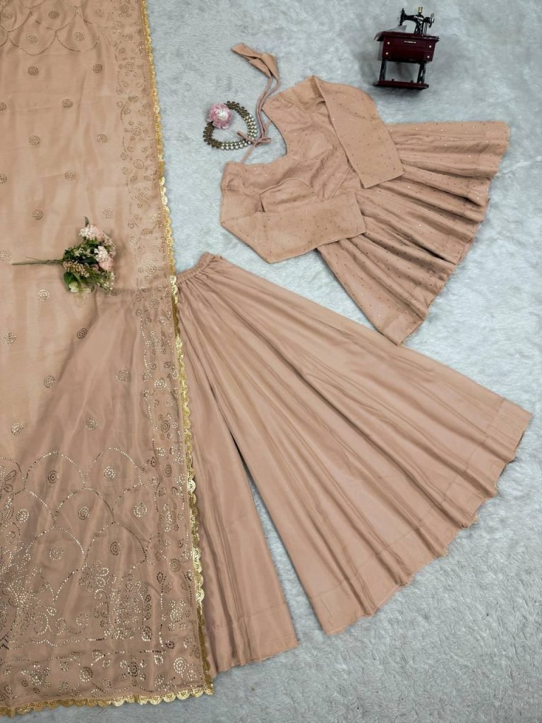 Beige tabby organza mukaish work top palazzo and dupatta