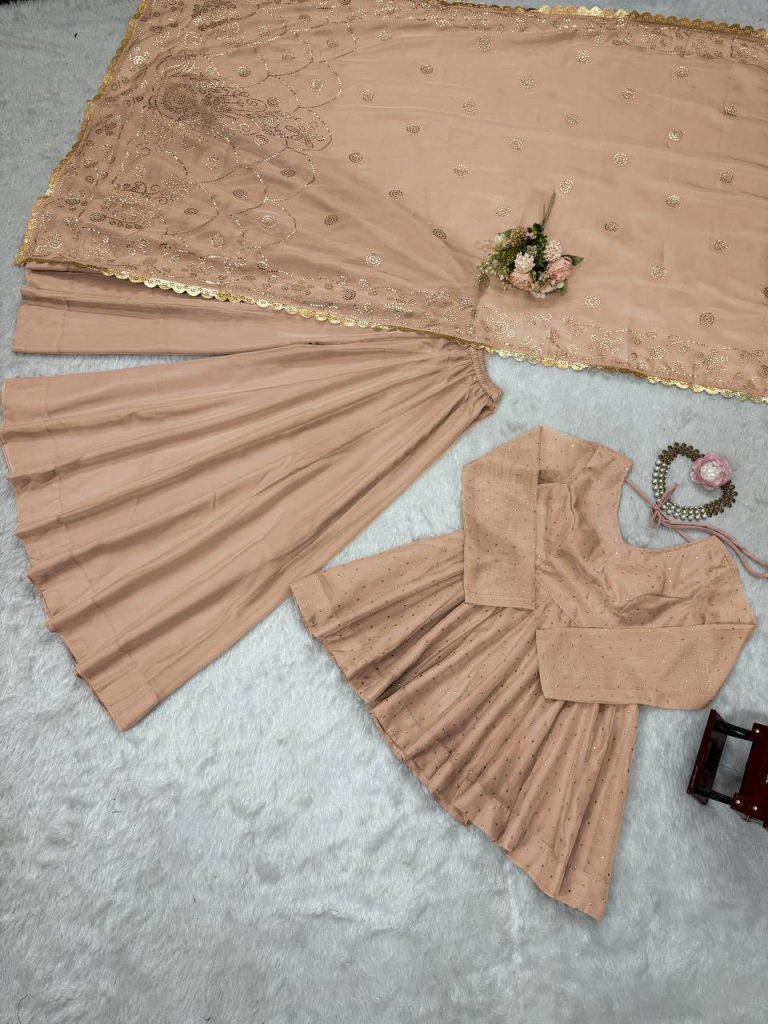 Beige tabby organza mukaish work top palazzo and dupatta