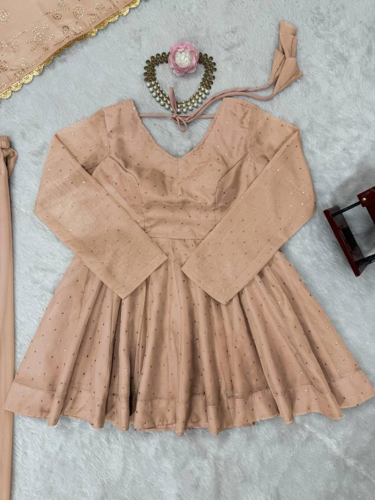 Beige tabby organza mukaish work top palazzo and dupatta