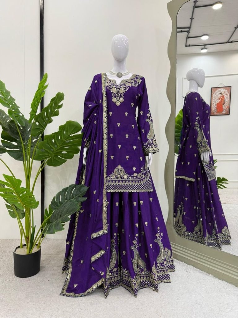 Purple chinon silk thread with Sequence top & palazzo and dupatta
