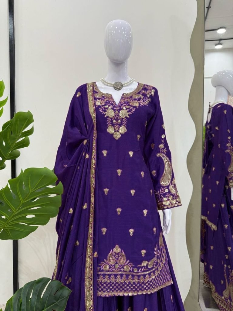 Purple chinon silk thread with Sequence top & palazzo and dupatta