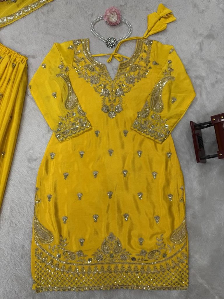 Yellow chinon silk thread with Sequence top & palazzo and dupatta