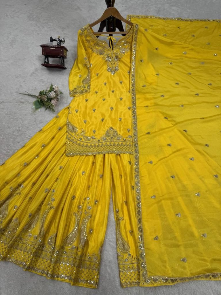 Yellow chinon silk thread with Sequence top & palazzo and dupatta
