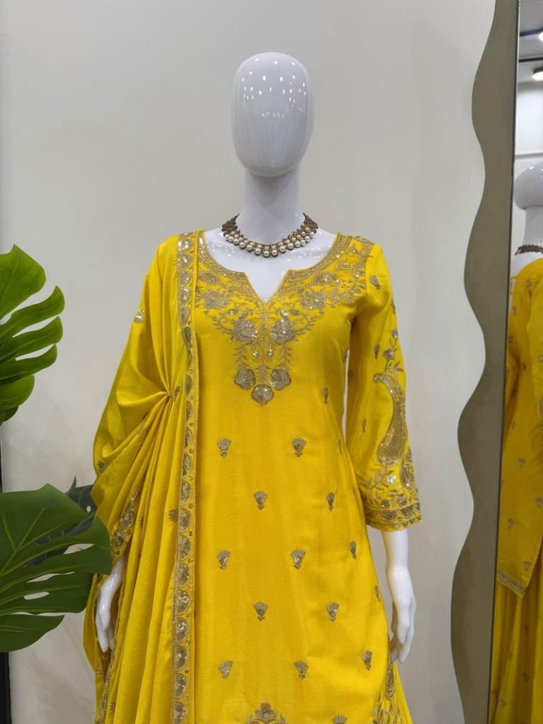 Yellow chinon silk thread with Sequence top & palazzo and dupatta