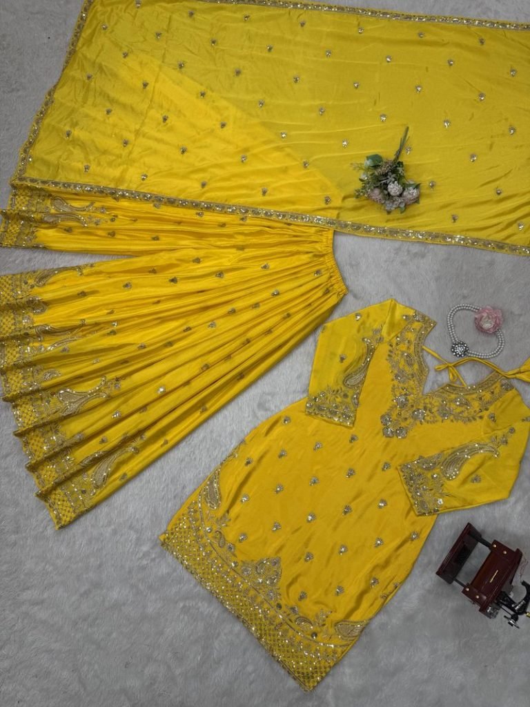 Yellow chinon silk thread with Sequence top & palazzo and dupatta