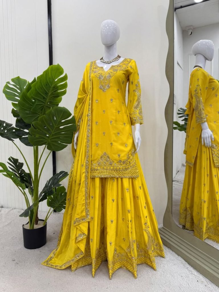 Yellow chinon silk thread with Sequence top & palazzo and dupatta
