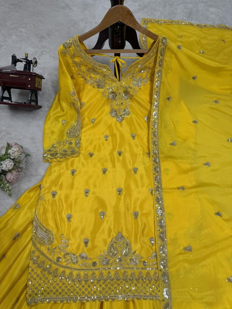 Yellow chinon silk thread with Sequence top & palazzo and dupatta