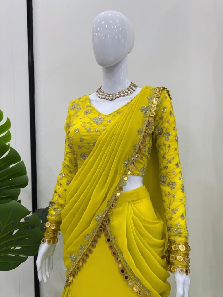 Yellow foux georgette thread with sequence with coin lace border ready to wear lehenga saree