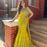 Yellow foux georgette thread with sequence with coin lace border ready to wear lehenga saree