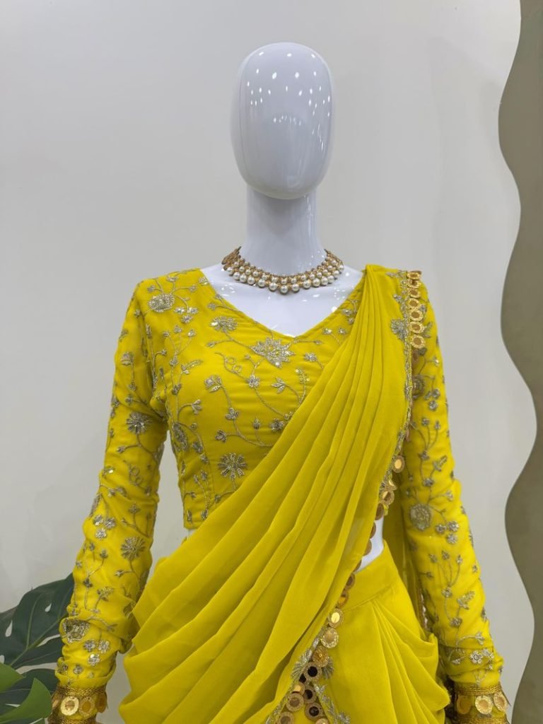 Yellow foux georgette thread with sequence with coin lace border ready to wear lehenga saree