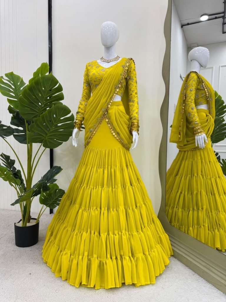 Yellow foux georgette thread with sequence with coin lace border ready to wear lehenga saree