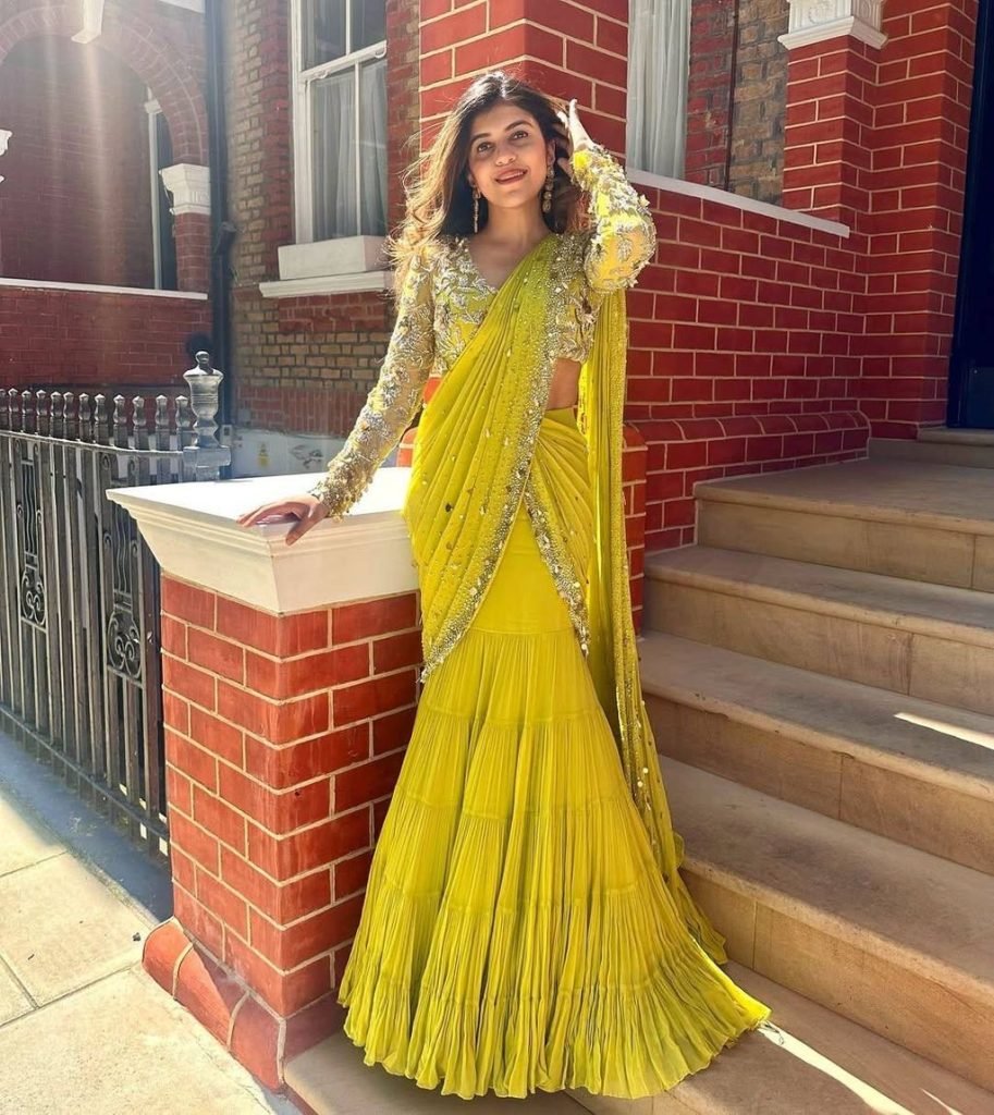 Yellow foux georgette thread with sequence with coin lace border ready to wear lehenga saree