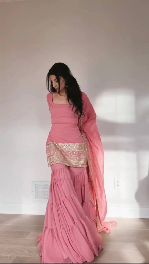 Pink foux georgette soft micro cotton top, sharara and dupatta