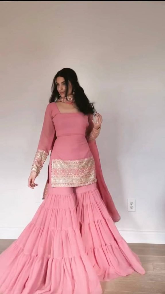 Pink foux georgette soft micro cotton top, sharara and dupatta