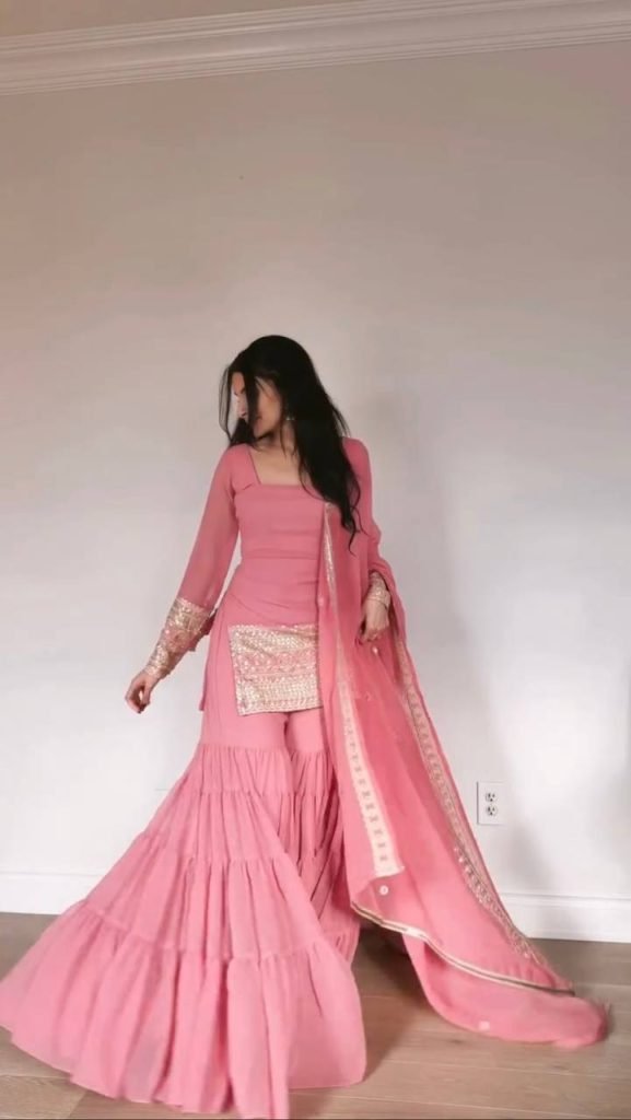 Pink foux georgette soft micro cotton top, sharara and dupatta