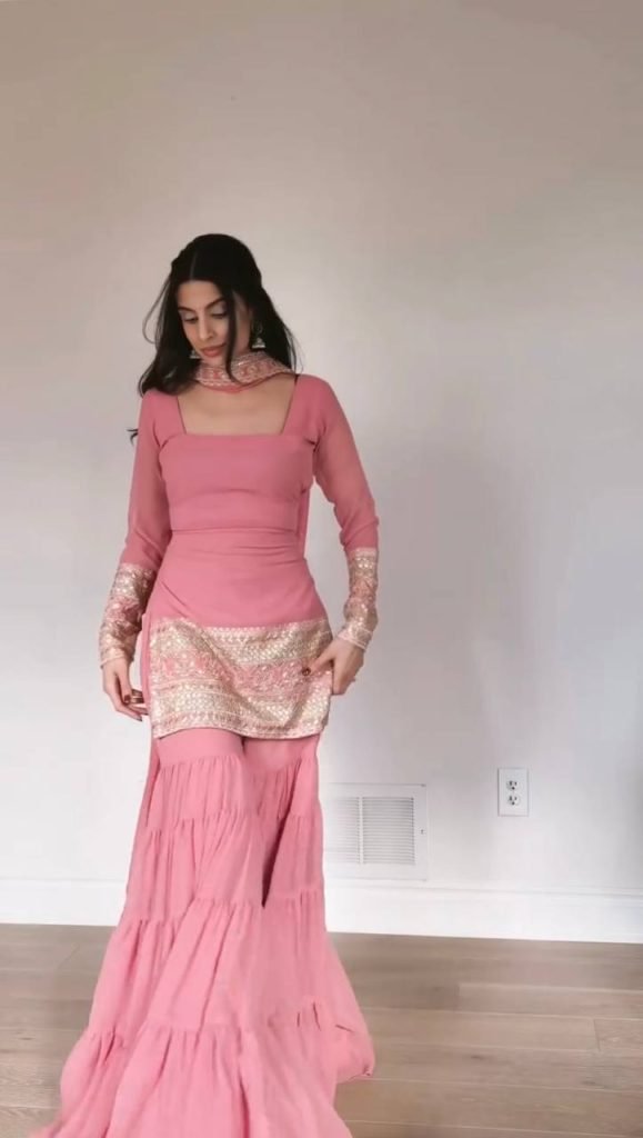 Pink foux georgette soft micro cotton top, sharara and dupatta