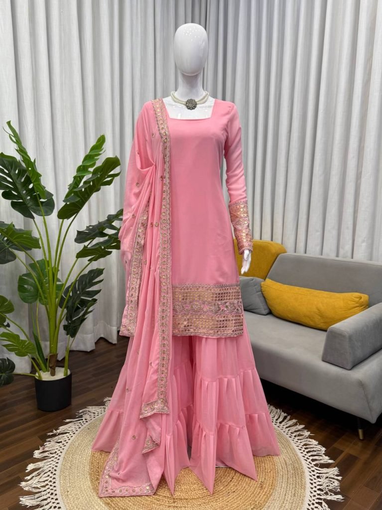 Pink foux georgette soft micro cotton top, sharara and dupatta
