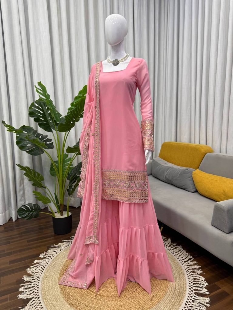 Pink foux georgette soft micro cotton top, sharara and dupatta