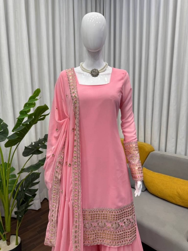 Pink foux georgette soft micro cotton top, sharara and dupatta