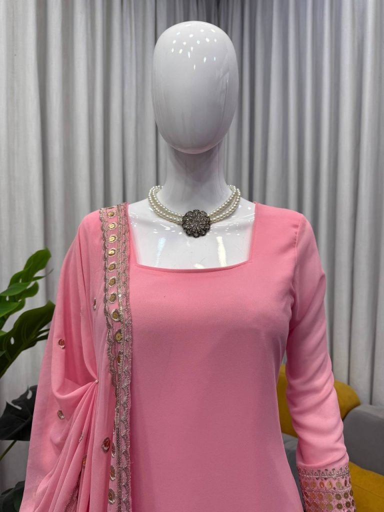 Pink foux georgette soft micro cotton top, sharara and dupatta