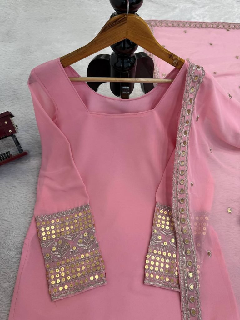 Pink foux georgette soft micro cotton top, sharara and dupatta