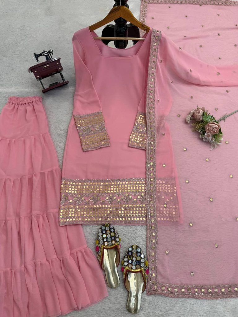 Pink foux georgette soft micro cotton top, sharara and dupatta